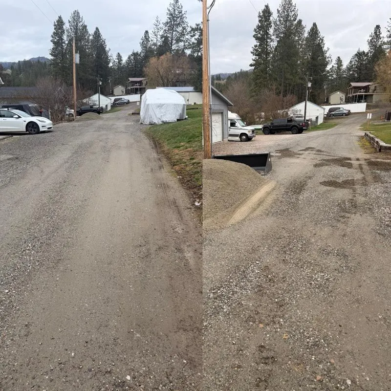 Before and after comparison of a rutted gravel road regraded smooth