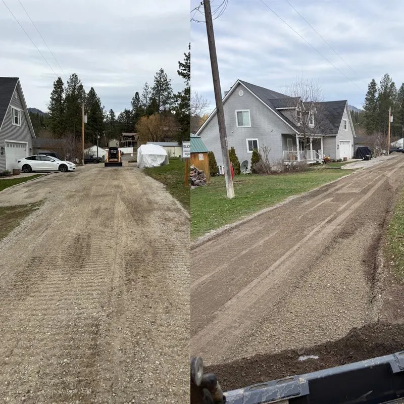 Before and after comparison of a rutted gravel driveway regraded smooth